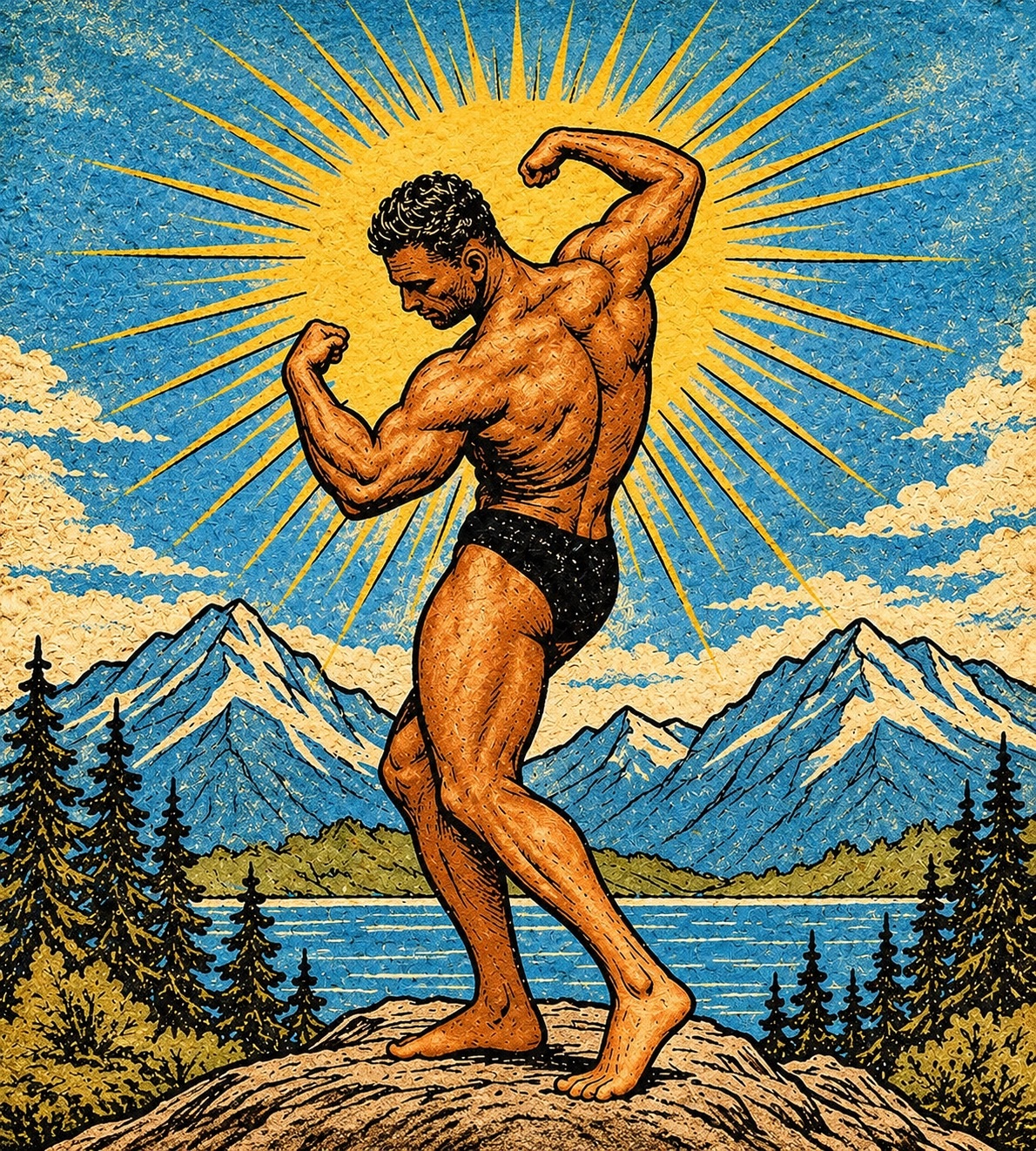 Handgezeichnete Bodybuilding-Figur vor einer goldenen Sonne und einer Berglandschaft im Vintage-Stil